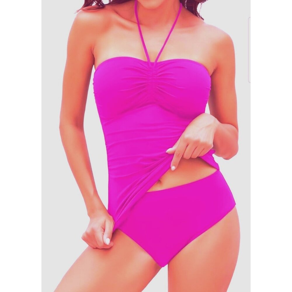 Aqua Eve Womens Halter Tankini Bandeau Swimsuit Two-Piece Set Size Large Pink